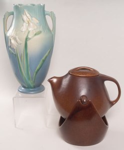 Iris-Blue Vase and Raymor-Autumn Brown Coffee Pot by Roseville Pottery